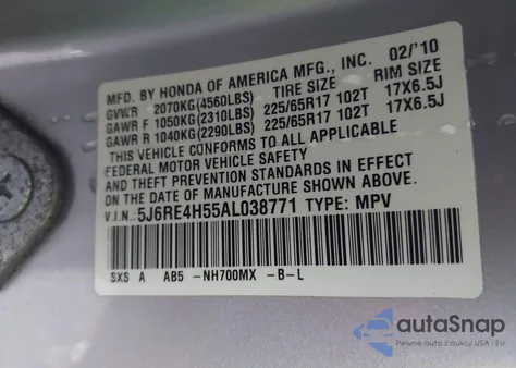 2010 Honda Cr-V Ex z USA, uszkodzony, nr VIN 5J6RE4H55AL038771